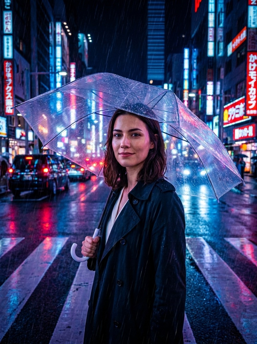 Ночная фотосессия в неоне — Зонт под дождём
